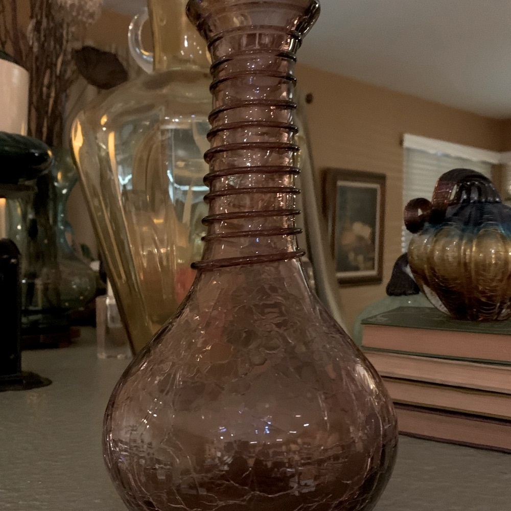 Vintage blenko amethyst crackled glass vase spiral mouth stamped